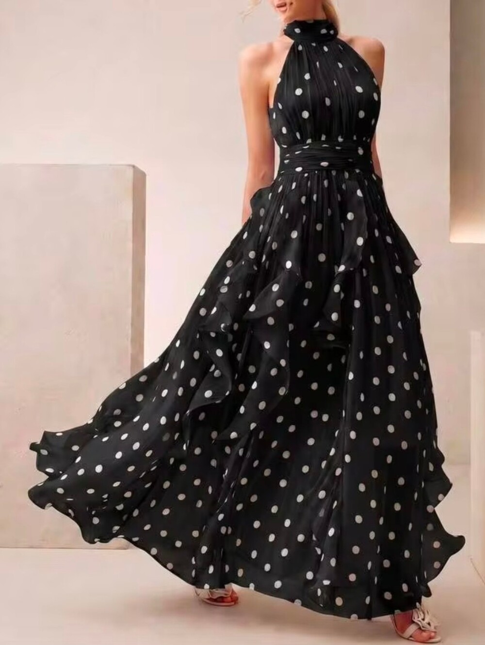 New Flowy Chiffon Polka Dot Ruffle Halter Maxi Dress Black White